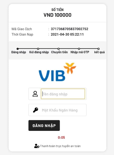 Đang nhập tài khoản ngân hàng của bạn để nạp tiền cf68 - i banking