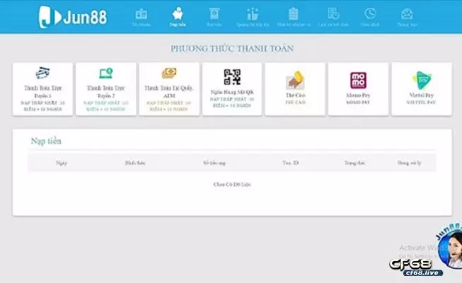 Hướng dẫn nạp tiền jun88 thông qua hình thức trực tuyến