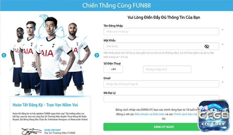 Fun88 hỗ trợ đăng ký tài khoản cá cược nhanh chóng