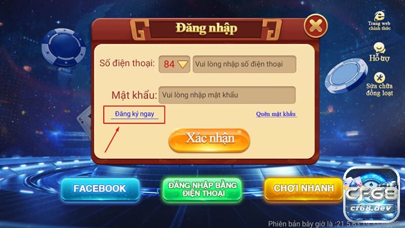 Form đăng nhập cổng game CF68