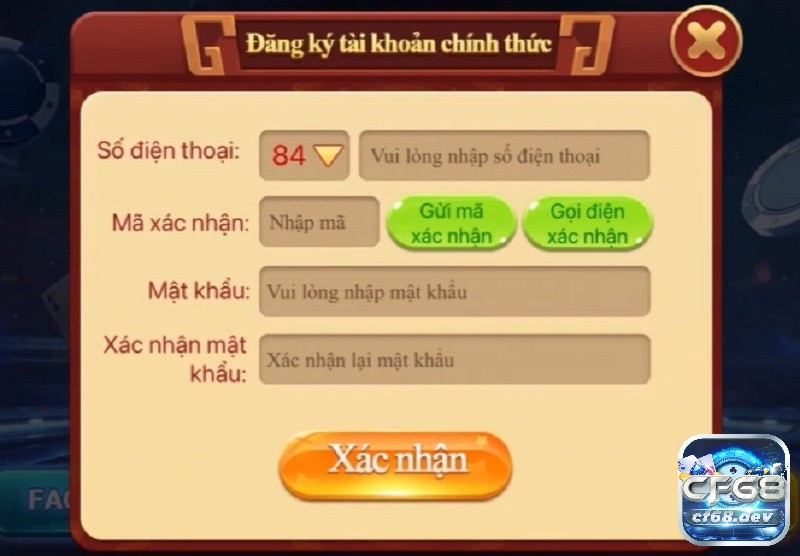 Giao diện đăng ký tài khoản CF68