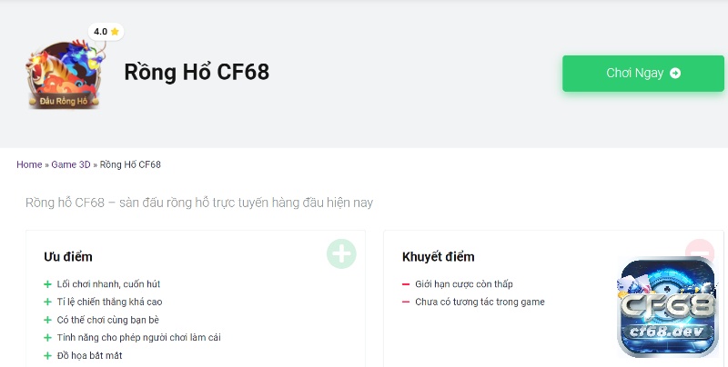 Đánh giá ưu nhược điểm của tựa game Rồng Hổ CF68