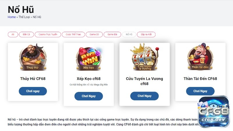 Nổ hũ slots, bắn cá tại nhà cái CF68 có tỉ lệ nổ hũ cao nhất trên thị trường hiện nay